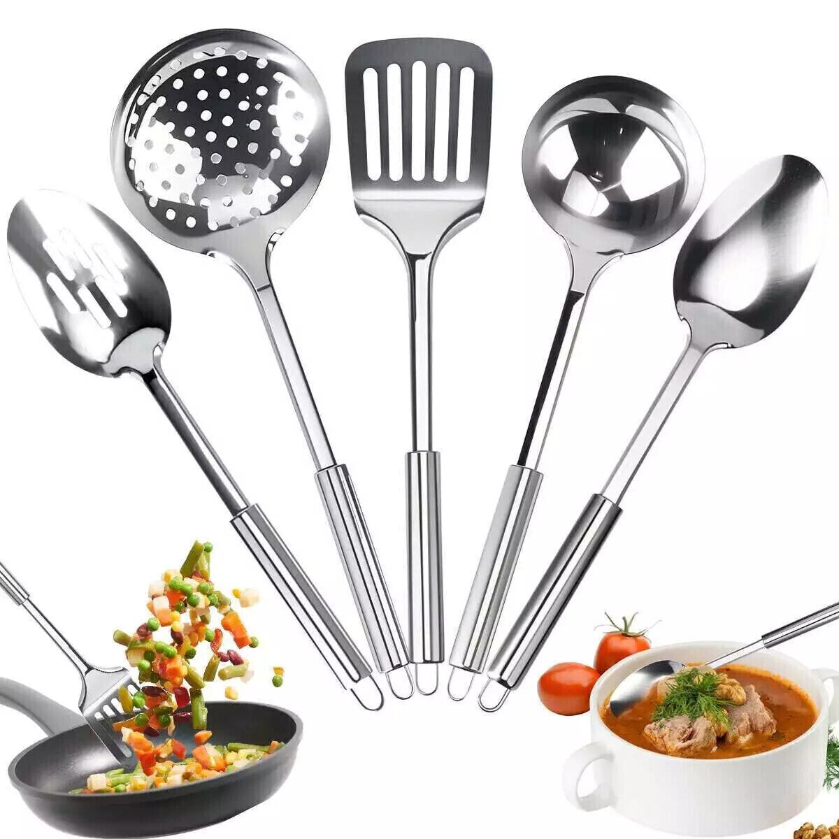 5Pcs Kitchen Cooking Utensils Set Stainless Steel Spoons and Spatula Set US